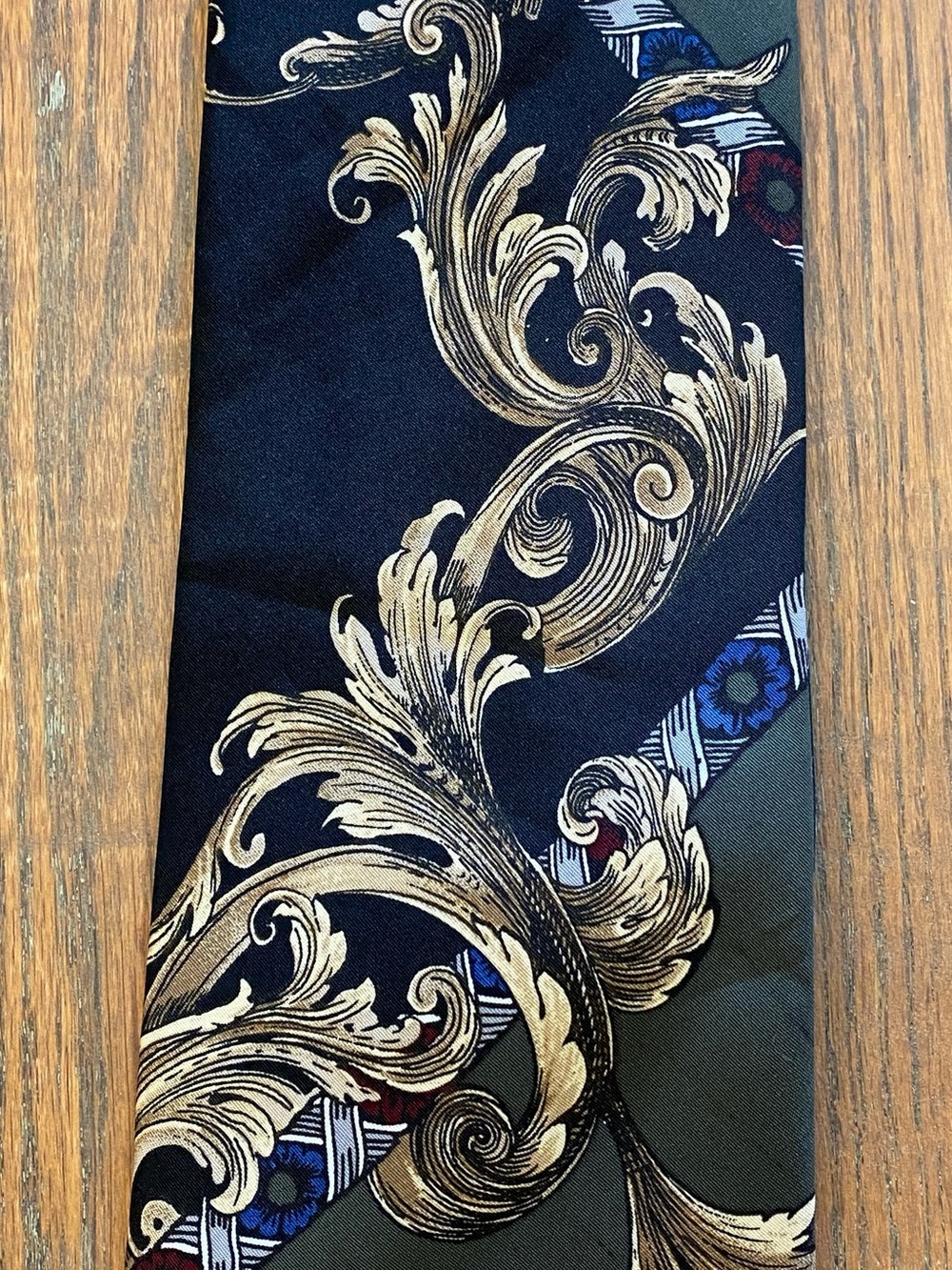 Puritan Black Necktie with Gold Baroque Scrolls and Blue-Red Accents